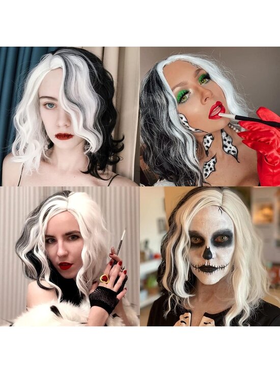 Women Black and White Heat Resistant Wavy Curly Cosplay Halloween Bob Party Wig main image 4